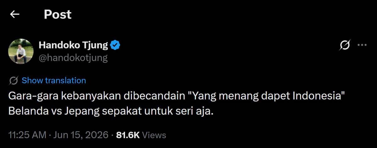 Tangkapan layar unggahan akun X berisi cuitan lucu tentang hasil imbang pertandingan Belanda melawan Jepang dengan konteks humor Indonesia.