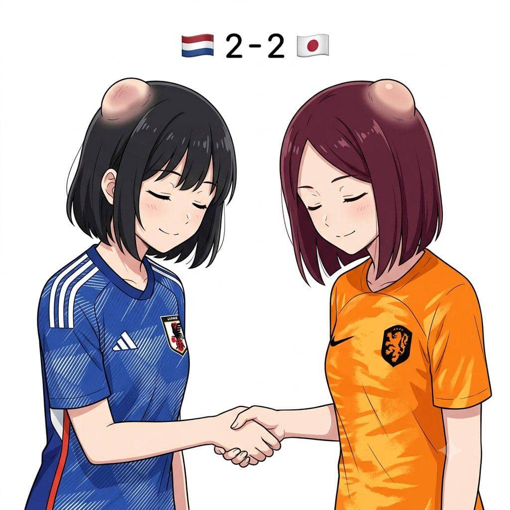 Dua karakter anime berjabat tangan mengenakan jersey tim nasional Jepang dan Belanda dengan skor imbang 2-2 di atas mereka.