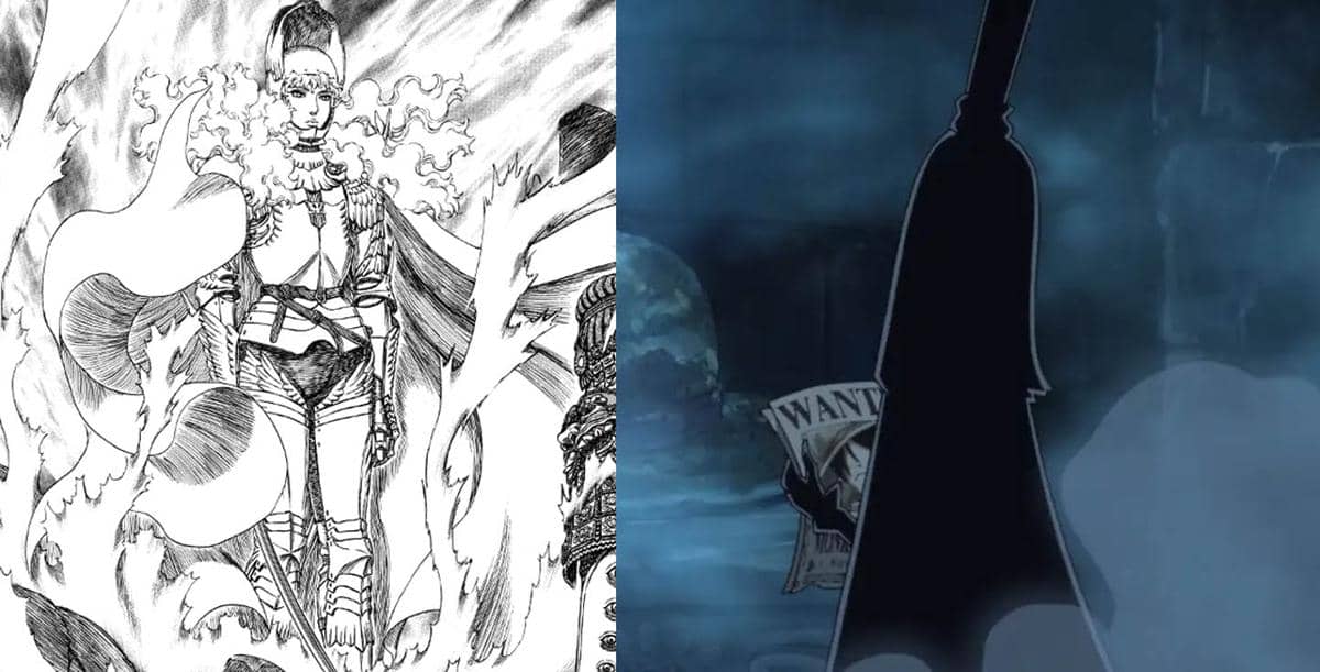 Perbandingan dua karakter fiksi dari manga dan anime, satu digambar dengan detail hitam putih dan satu siluet gelap memegang kertas buronan.