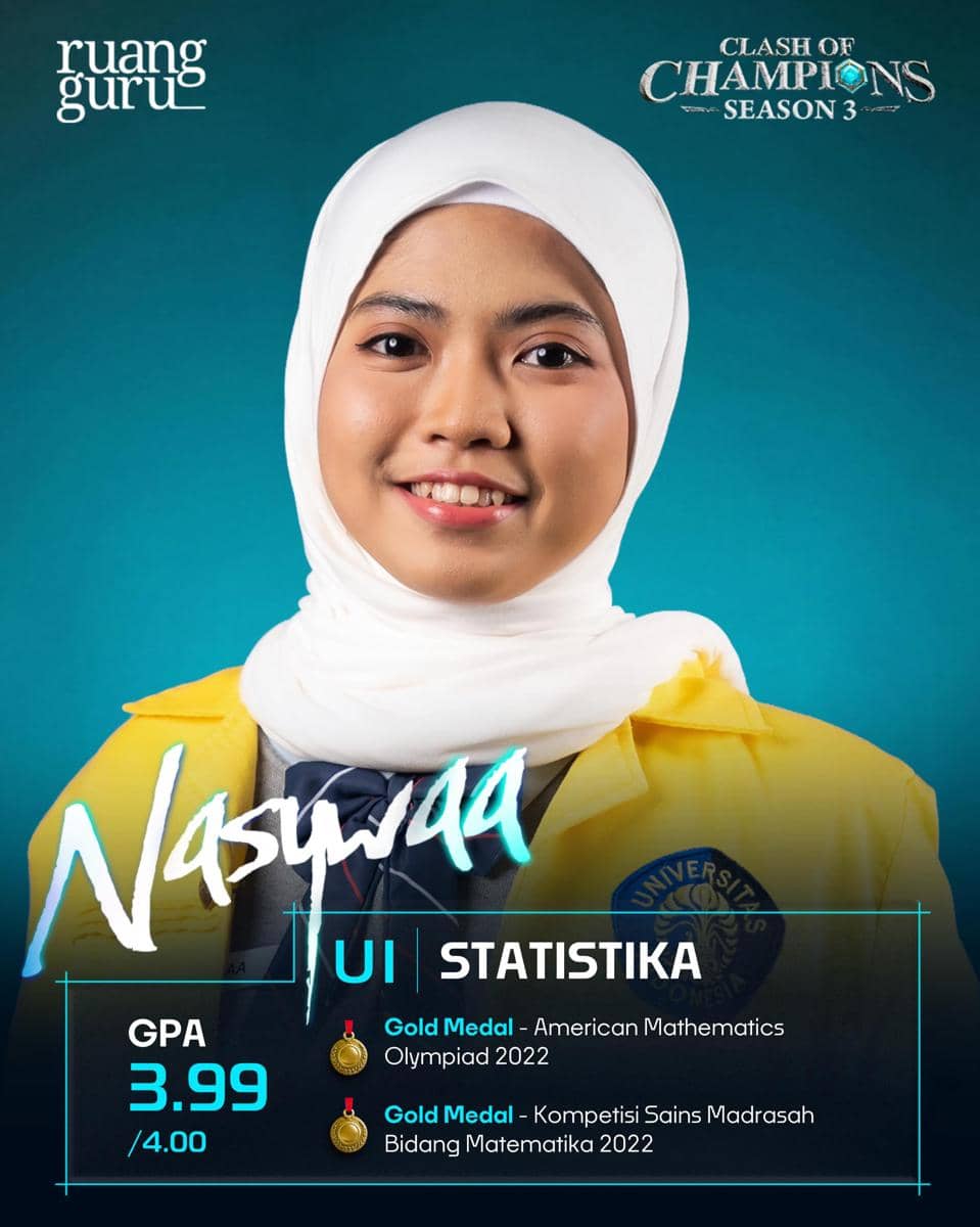Seorang peserta bernama Nasywaa mengenakan jaket kuning almamater Universitas Indonesia dan hijab putih dengan latar biru bertuliskan Clash of Champions Season 3.