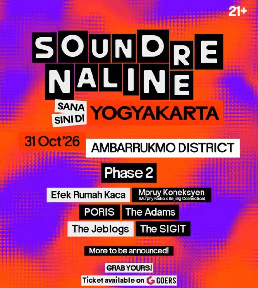 Poster festival musik Soundrenaline Sana Sini di Yogyakarta dengan latar oranye dan ungu, menampilkan daftar pengisi acara dan tanggal 31 Oktober 2026.