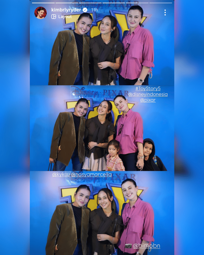 Potret Kimberly Ryder foto bareng Kyku dan Nasya Marcella saat hadiri gala premiere Toy Story 5 di Jakarta, Senin (15/6/2026) (instagram.com/kimbrlyryder)