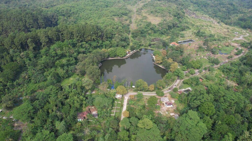 Pemandangan udara Situ Pajaten di Cirebon dengan area hijau lebat di sekelilingnya dan aktivitas pemancing di tepi danau.