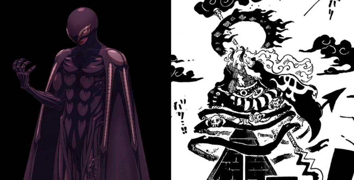 Ilustrasi karakter Femto dari Berserk di sisi kiri dan karakter Imu dari One Piece di sisi kanan dalam gaya manga hitam putih.