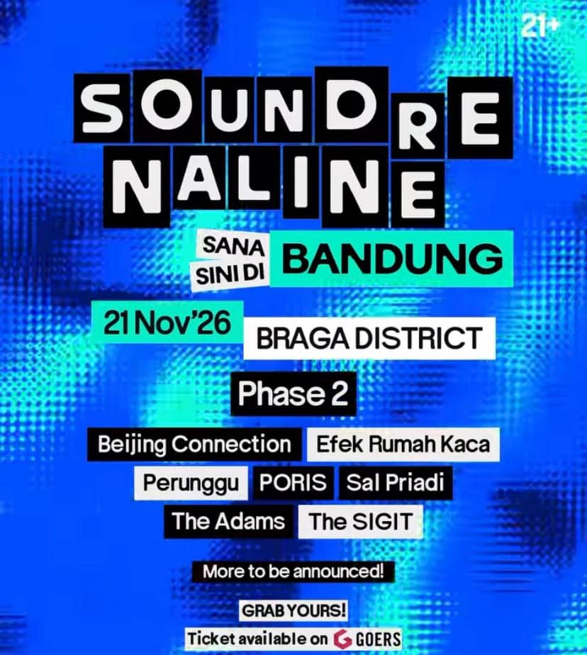 Poster festival musik Soundrenaline Sana Sini di Bandung menampilkan jadwal acara pada 21 November 2026 di Braga District.