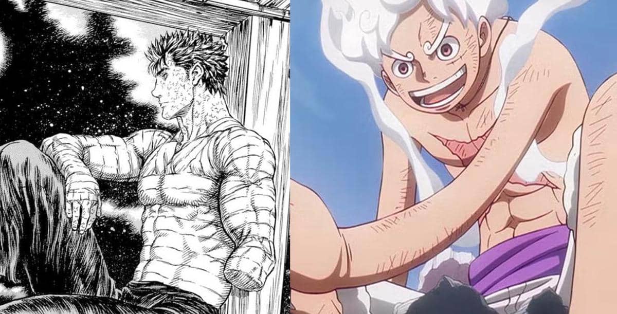 Ilustrasi karakter Guts dari manga Berserk di sisi kiri dan karakter Luffy dari anime One Piece di sisi kanan.
