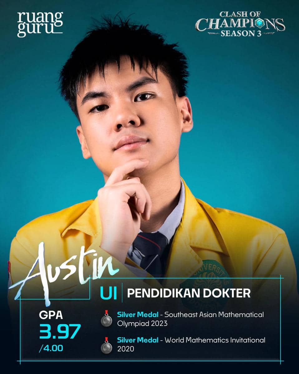 Austin mengenakan jas almamater kuning Universitas Indonesia dengan latar belakang biru, peserta Clash of Champions Season 3.