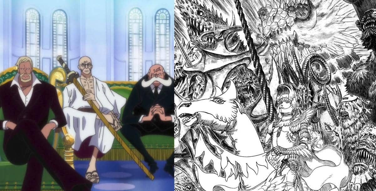 Ilustrasi karakter Gorosei dari anime One Piece duduk di kursi megah berdampingan dengan gambar Band of Hawk dari manga Berserk.