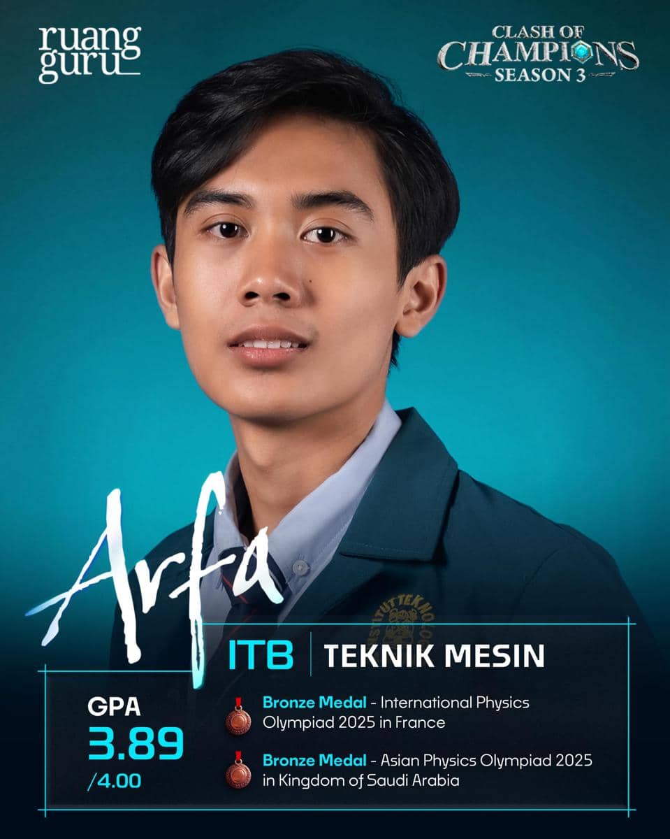 Arfa, peserta Clash of Champions Season 3, mahasiswa Teknik Mesin ITB dengan IPK 3,89 dan peraih dua medali perunggu olimpiade fisika.