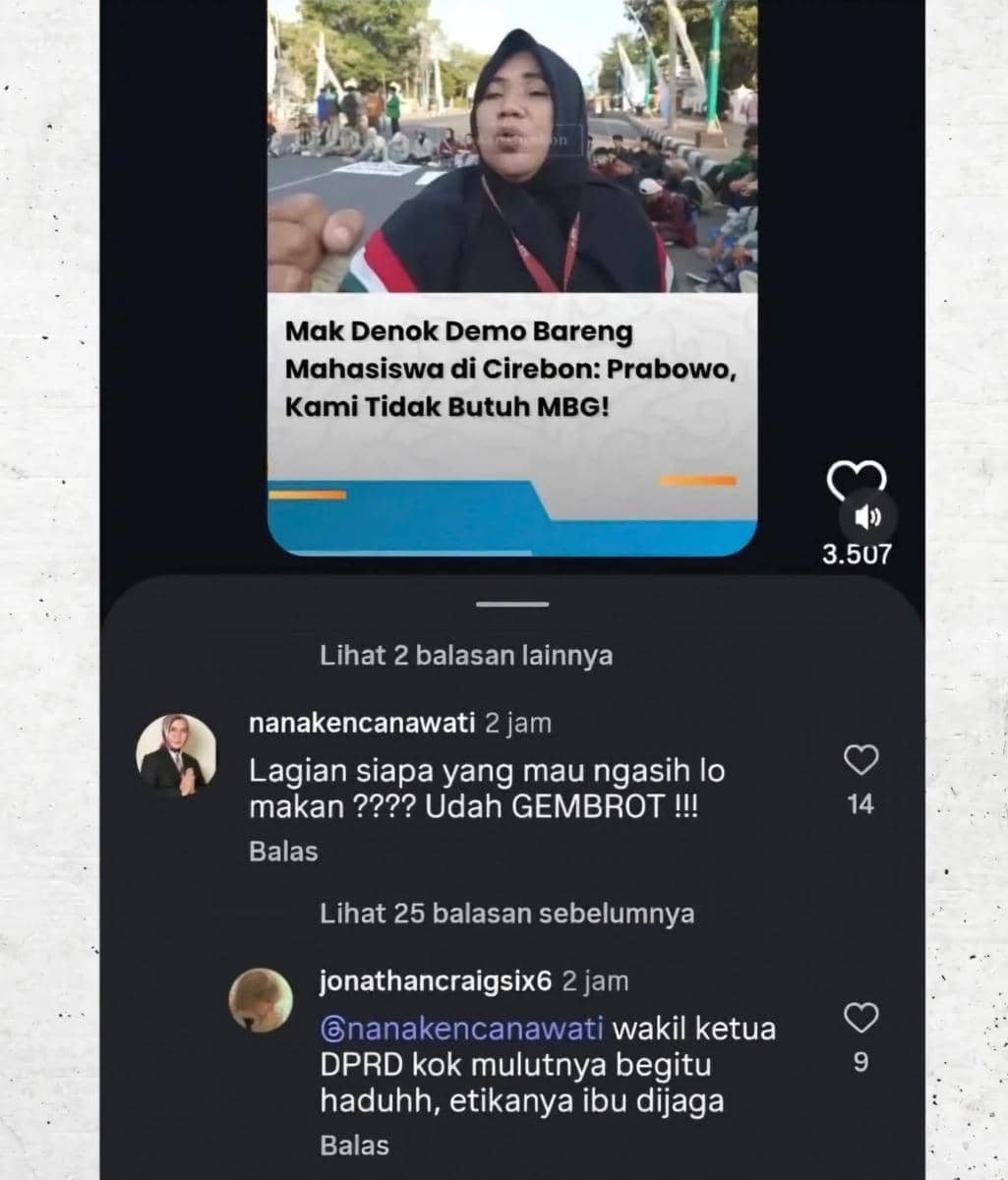 Tangkapan layar unggahan media sosial menampilkan seorang perempuan berhijab berbicara saat demo di Cirebon dengan komentar netizen di bawahnya.
