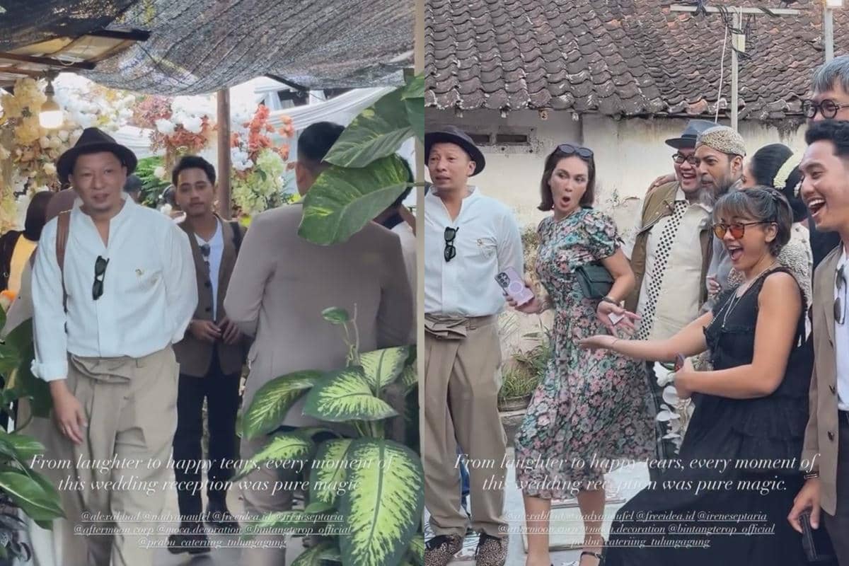 Tamu menghadiri resepsi pernikahan dengan dekorasi bunga berwarna cerah, beberapa orang tertawa dan berpose bersama di area luar ruangan.