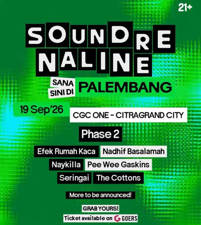 Poster acara Soundrenaline Sana Sini di Palembang menampilkan tanggal 19 September 2026 di CGC One Citragrand City dengan daftar penampil musik.