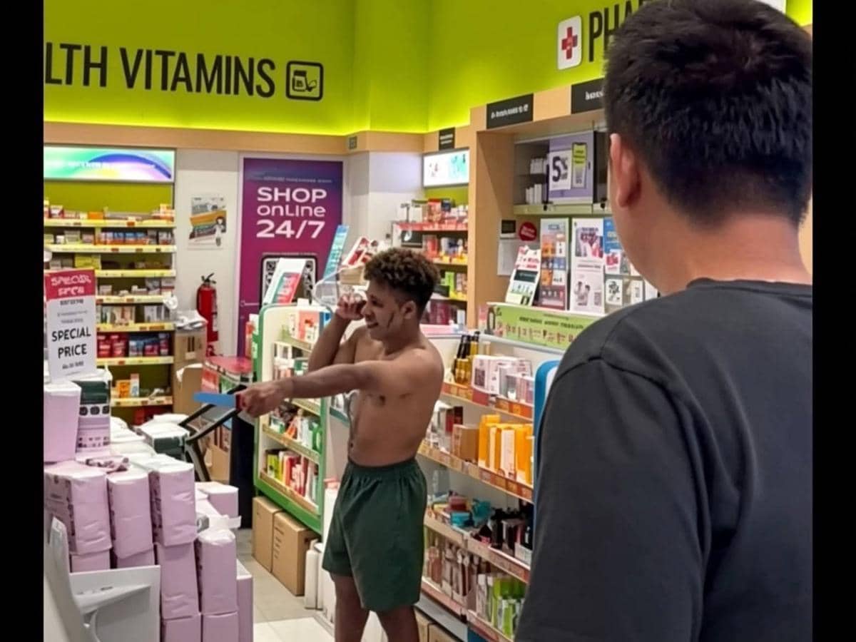 Seorang pria tanpa baju memegang pisau dan menunjuk ke arah seseorang di dalam toko obat di Manado Town Square pada malam hari.