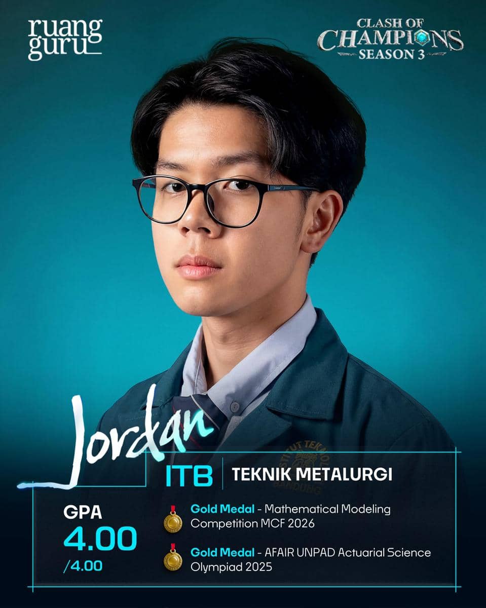 Jordan, mahasiswa Teknik Metalurgi ITB dengan GPA 4.00, peserta Clash of Champions Season 3 dan peraih dua medali emas kompetisi akademik.