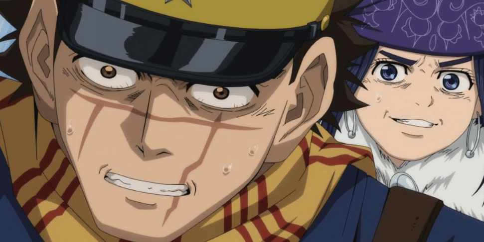 Dua karakter anime Golden Kamuy, satu mengenakan topi militer dan syal merah, sementara yang lain memakai penutup kepala ungu dan mantel bulu.