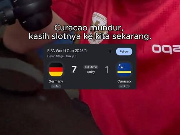Tangkapan layar meme menunjukkan hasil pertandingan Jerman melawan Curacao di Piala Dunia 2026 dengan skor 7-1 disertai teks lucu berbahasa Indonesia.