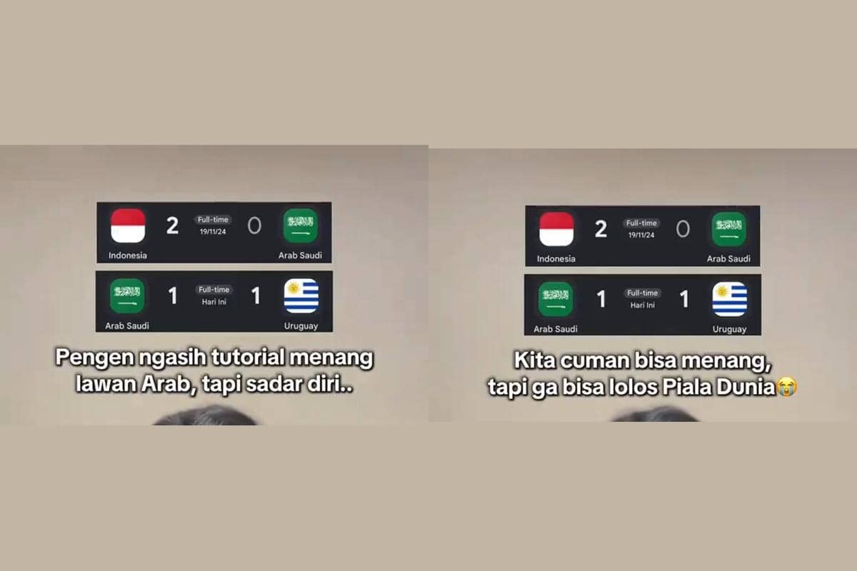 Meme lucu menampilkan skor pertandingan Indonesia vs Arab Saudi dan Arab Saudi vs Uruguay dengan teks bercanda tentang Piala Dunia.