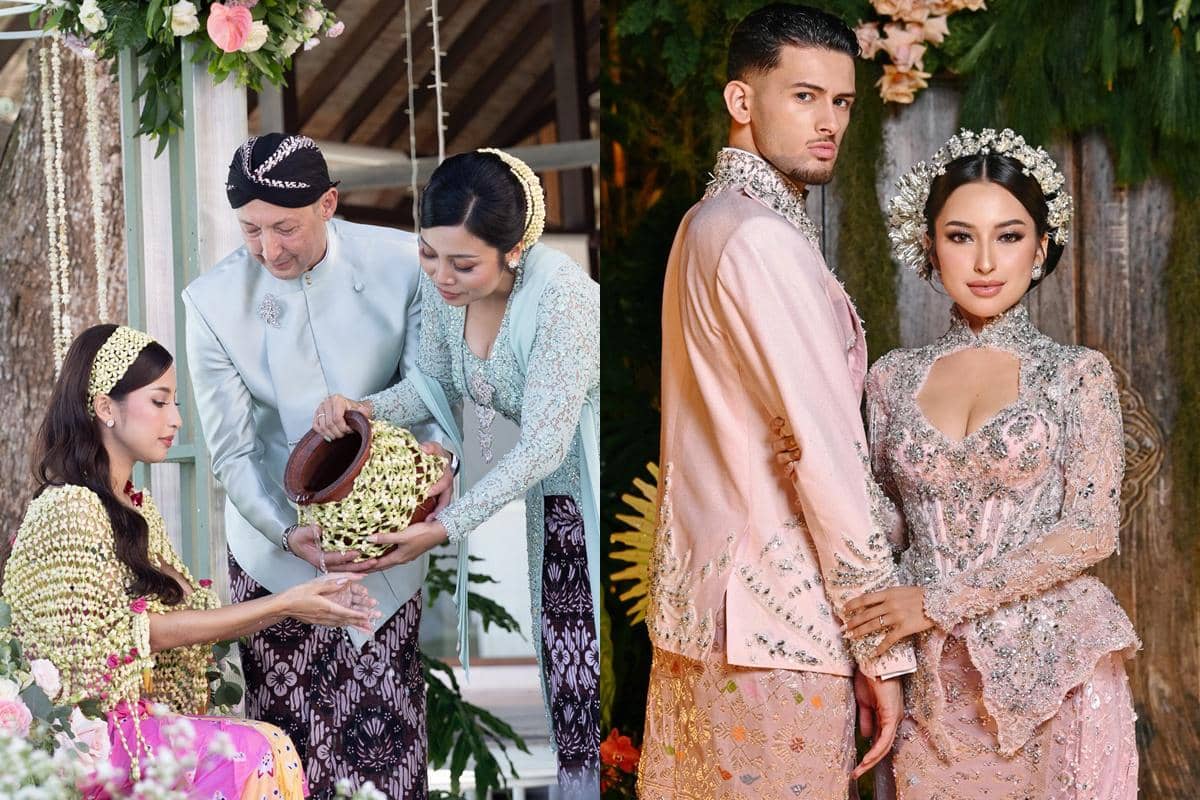 Pasangan mengenakan busana adat Jawa dalam prosesi siraman dan pernikahan, dengan dekorasi bunga dan nuansa tradisional elegan.