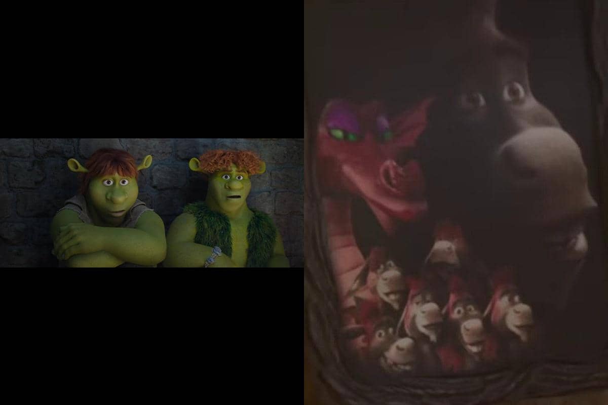 Cuplikan teaser film animasi Shrek 5 menampilkan karakter ogre hijau dan keluarga naga bersama keledai dalam suasana gelap.