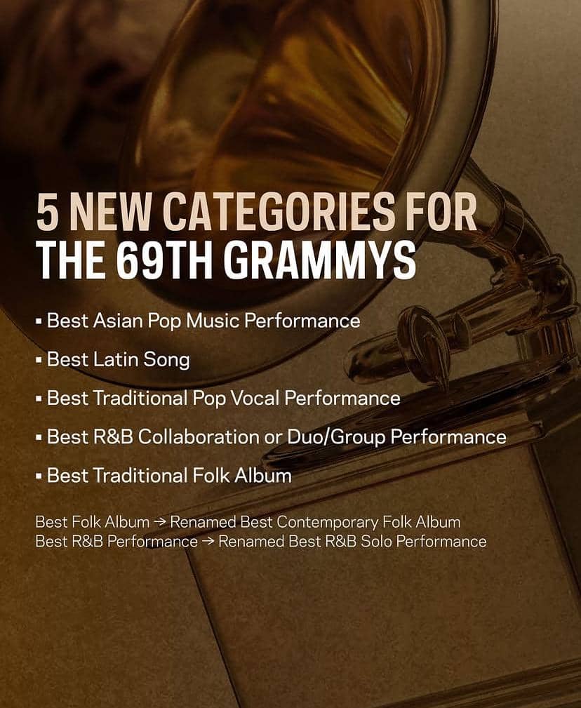 Daftar lima kategori baru untuk Grammy Awards ke-69 dengan latar belakang trofi Grammy berwarna emas.