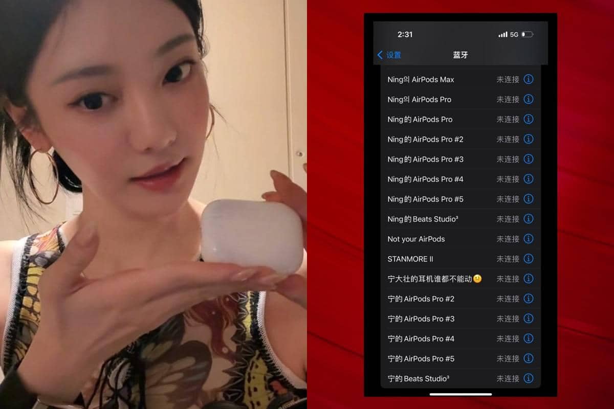 Seorang wanita memegang kotak AirPods putih di tangan, dengan layar ponsel di sampingnya menampilkan daftar perangkat AirPods bernama serupa.