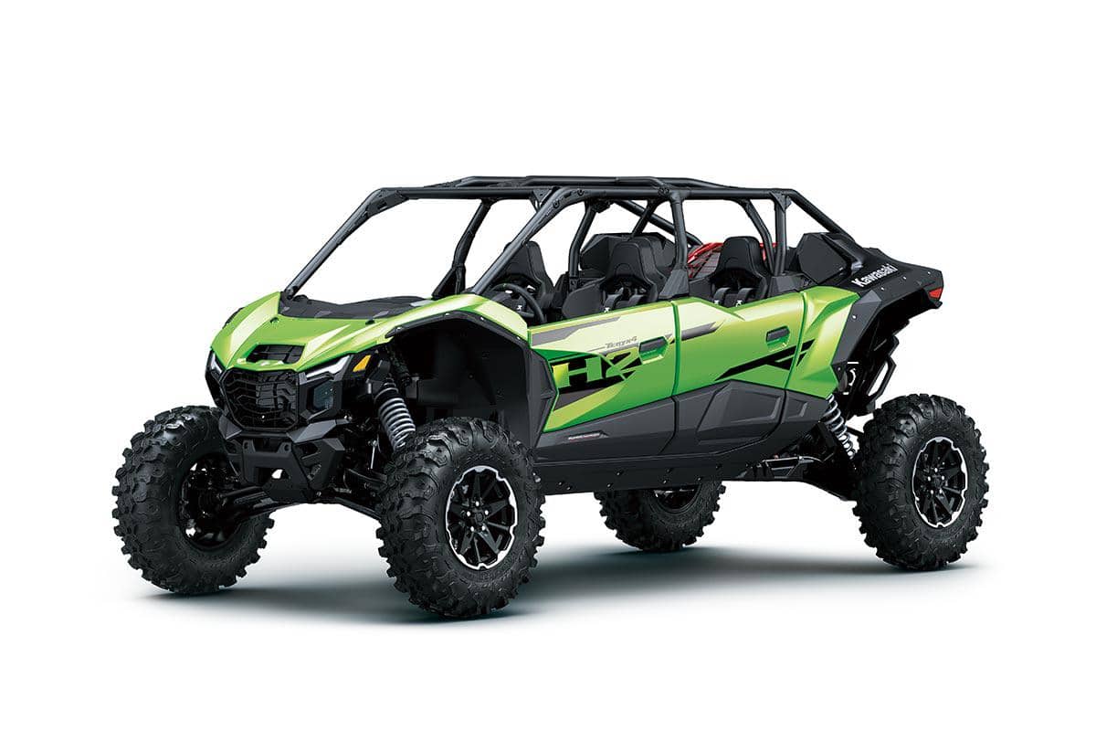 Kendaraan off-road Kawasaki Teryx H2 berwarna hijau hitam dengan desain sporty dan suspensi tinggi untuk medan berat.