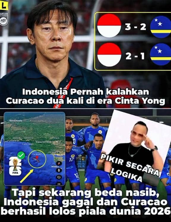 Meme tentang timnas Indonesia yang pernah mengalahkan Curacao dua kali namun gagal lolos ke Piala Dunia 2026, sementara Curacao berhasil.