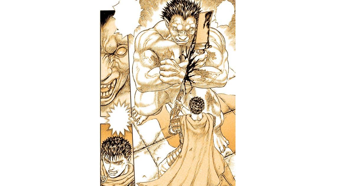Ilustrasi adegan pertarungan antara dua karakter dalam manga Berserk, menampilkan sosok manusia berpedang melawan makhluk besar berotot.
