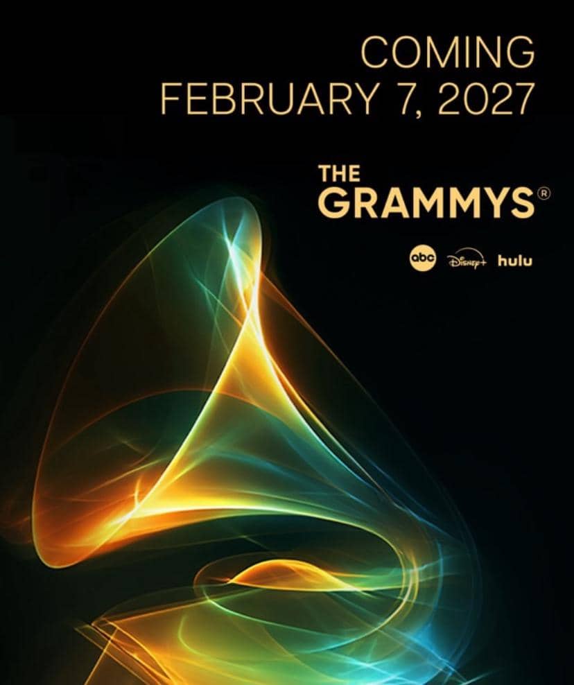 Poster promosi Grammy Awards 2027 dengan desain grafis berbentuk gramofon berwarna neon dan tanggal acara 7 Februari 2027.