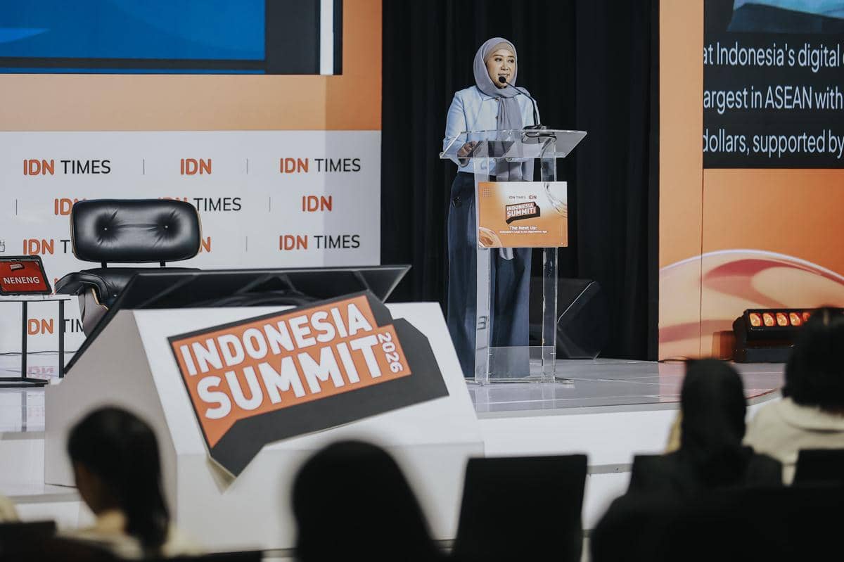 Menteri Komunikasi dan Digital Indonesia (Menkomdigi), Meutya Hafidz di acara Indonesia Summit 2026.