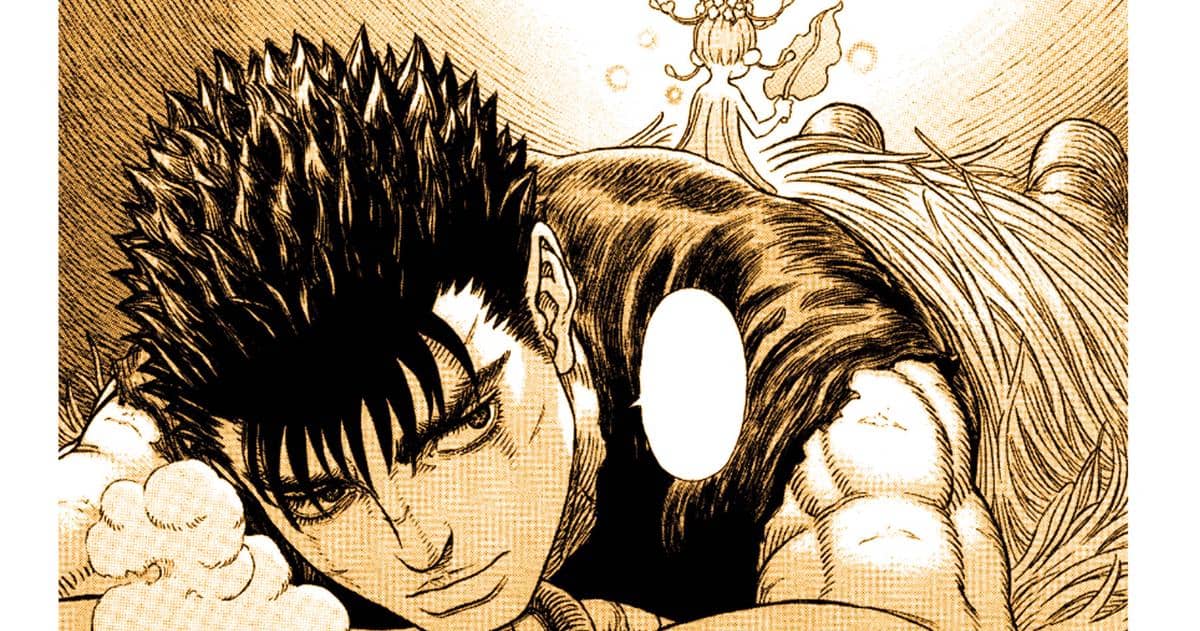 Guts berbaring dengan ekspresi serius sementara Chitch, peri kecil bersayap, melayang di belakangnya dalam adegan manga Berserk.