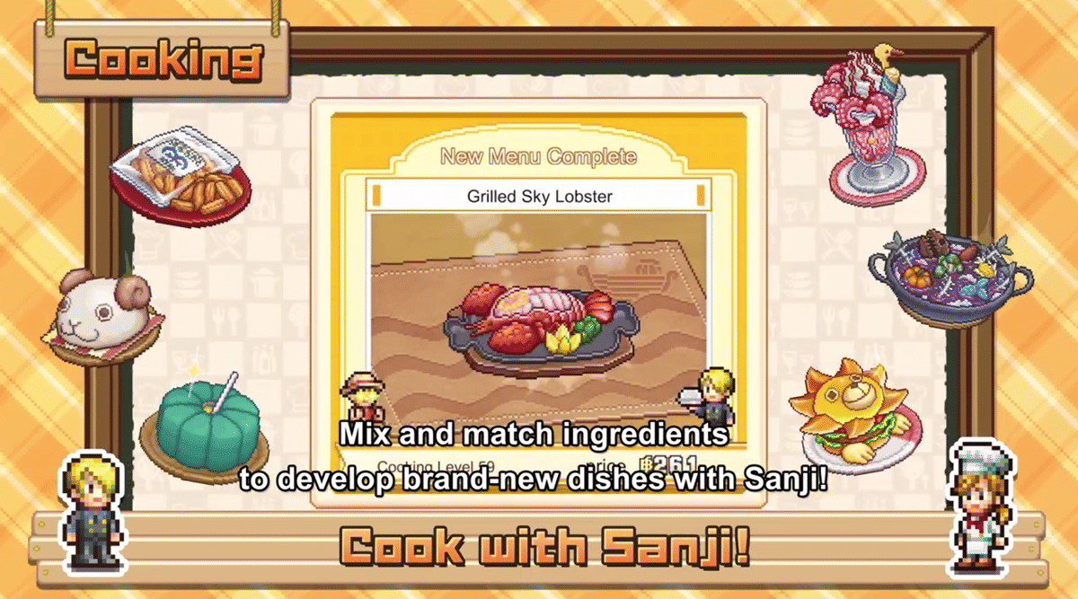 Tampilan permainan ONE PIECE Grand Gourmet menampilkan karakter Sanji sedang memasak hidangan Grilled Sky Lobster dengan gaya pixel art.