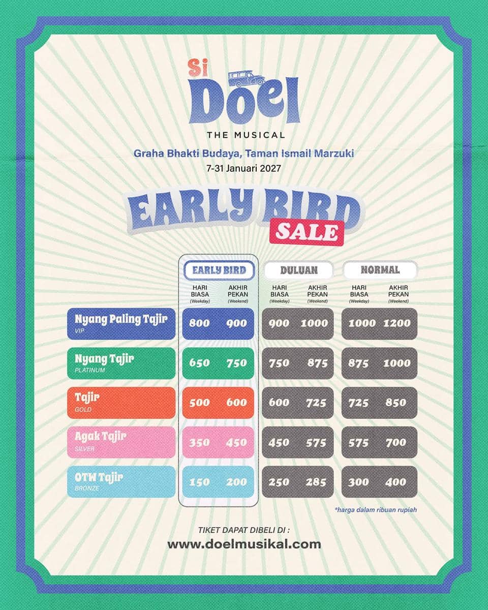 Daftar harga tiket pertunjukan Si Doel: The Musical di Graha Bhakti Budaya, Taman Ismail Marzuki, periode 7–31 Januari 2027.