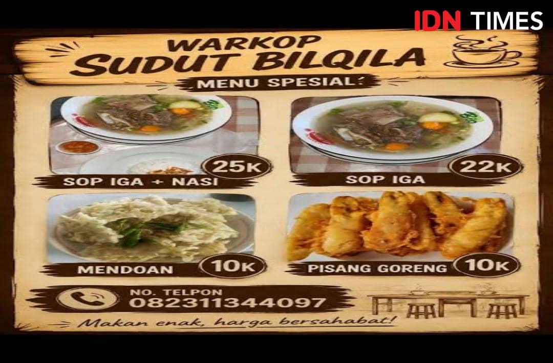 Menu spesial di Warkop Sudut Bilqila menampilkan sop iga, sop iga dengan nasi, mendoan, dan pisang goreng lengkap dengan harga.