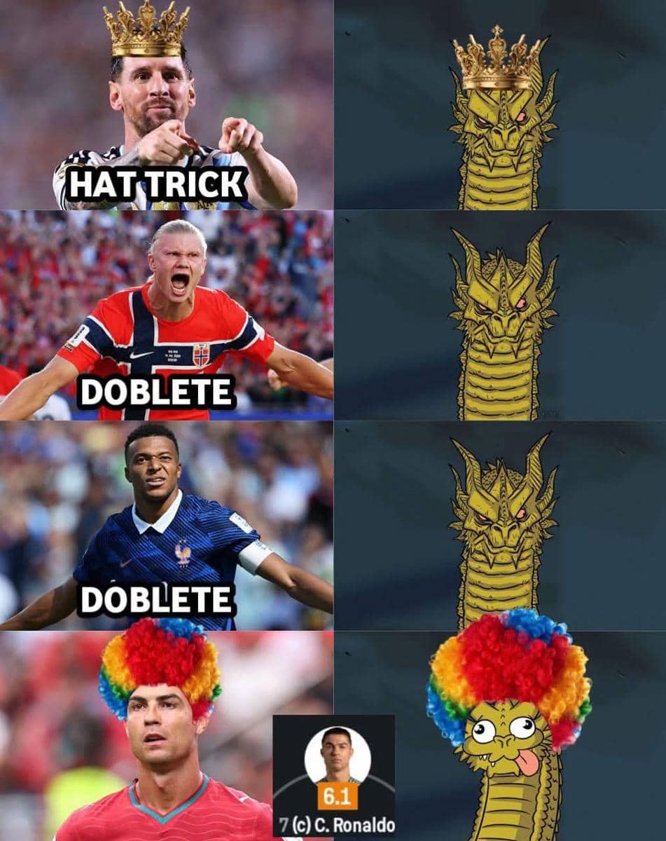Meme bergambar empat panel yang membandingkan performa beberapa pesepak bola terkenal dengan ekspresi naga, menyoroti hasil Portugal yang gagal menang.