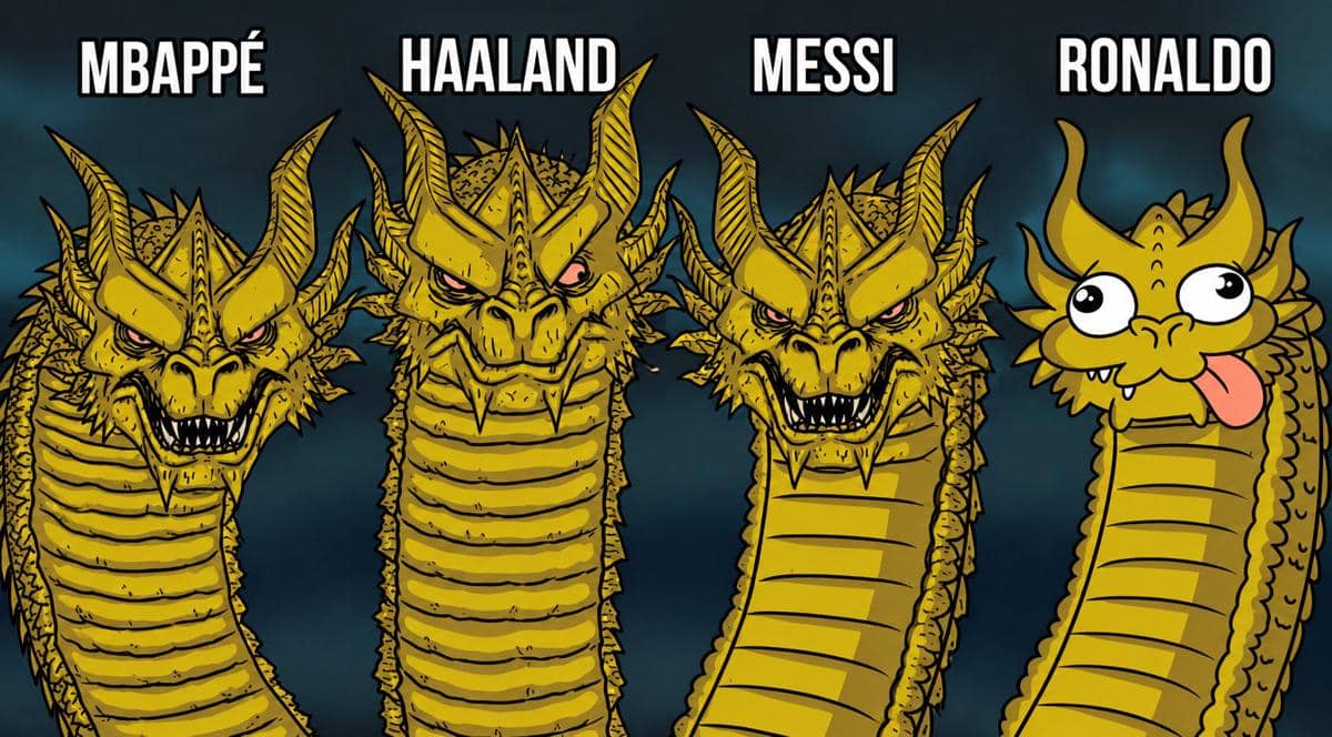 Ilustrasi empat naga berwarna kuning dengan tiga wajah serius dan satu wajah lucu, masing-masing diberi label Mbappé, Haaland, Messi, dan Ronaldo.