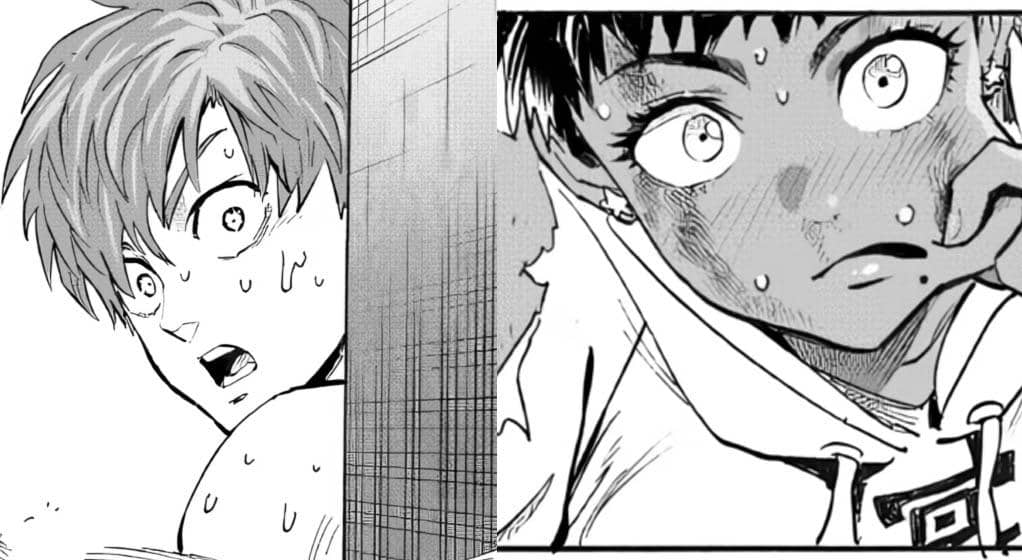 Dua karakter manga dengan ekspresi terkejut dan berkeringat, memperlihatkan reaksi intens terhadap sesuatu yang mereka lihat.