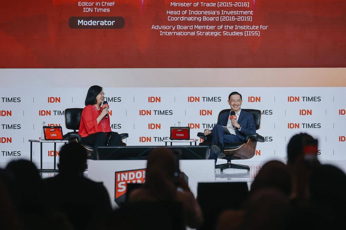 Tom Lembong dalam Acara Indonesia Summit 2026. (IDN Times/Herka Yanis)