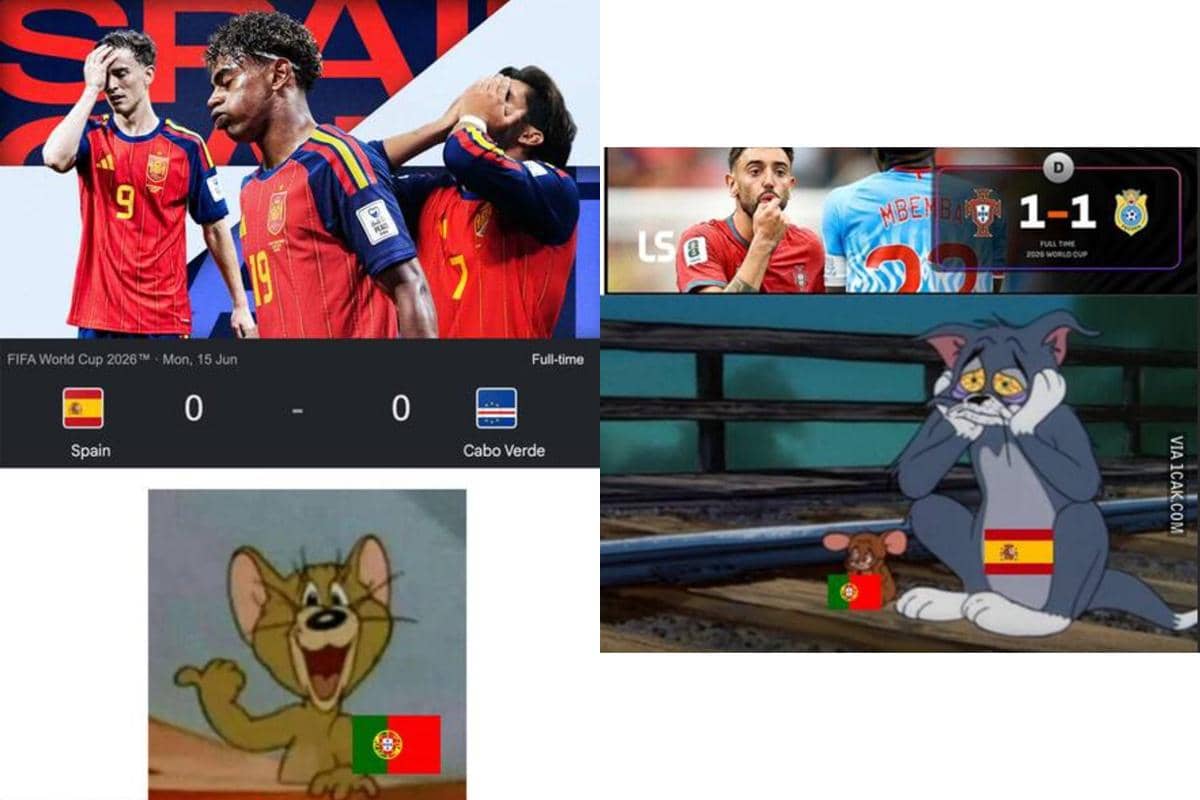 Meme lucu menampilkan hasil imbang Portugal melawan Kongo dan Spanyol melawan Tanjung Verde, dengan karakter Tom dan Jerry membawa bendera negara masing-masing.