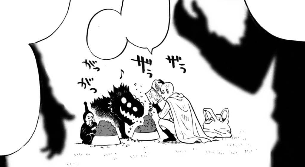 Saitama duduk di tanah sambil memberi makan Black Sperm dan Rover yang sedang makan dari mangkuk besar di depannya.