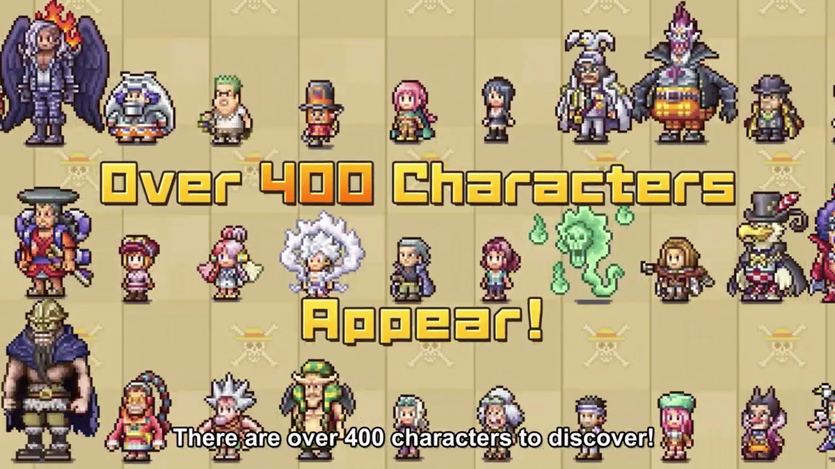 Tampilan karakter bergaya pixel dari game ONE PIECE Grand Gourmet dengan tulisan Over 400 Characters Appear di tengah layar.