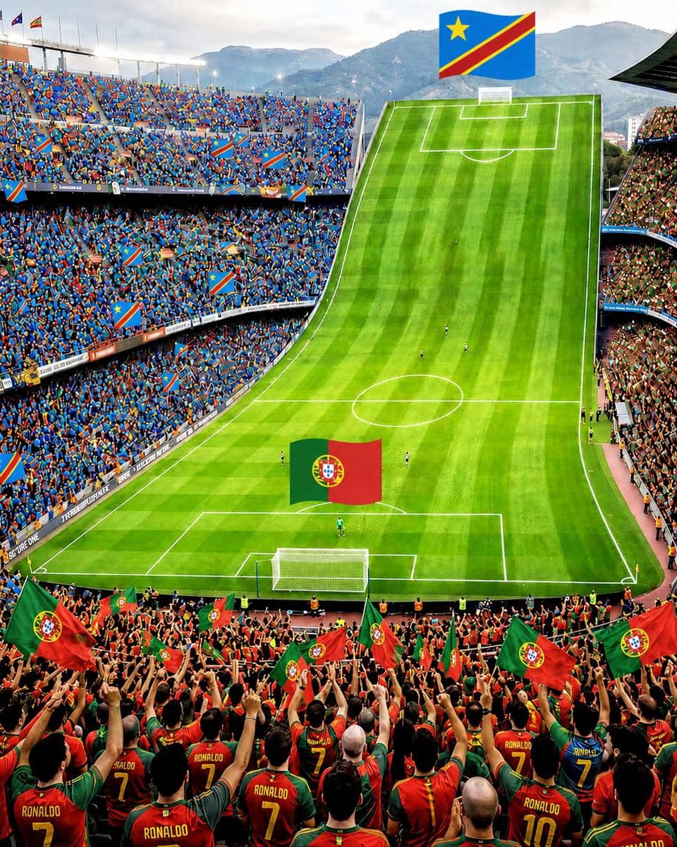Stadion sepak bola dengan tribun penuh suporter, lapangan menanjak curam dihiasi bendera Portugal dan Republik Demokratik Kongo.