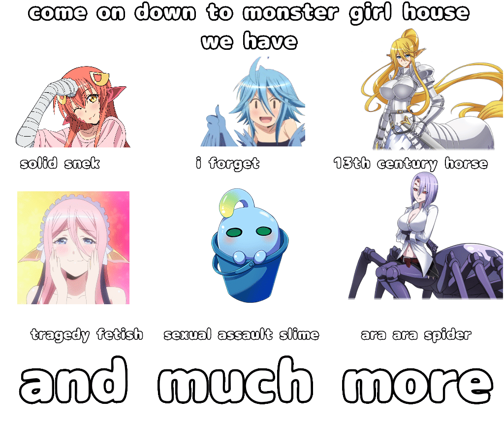 Meme anime berisi enam karakter gadis monster dengan berbagai julukan lucu dan teks promosi bergaya iklan parodi.