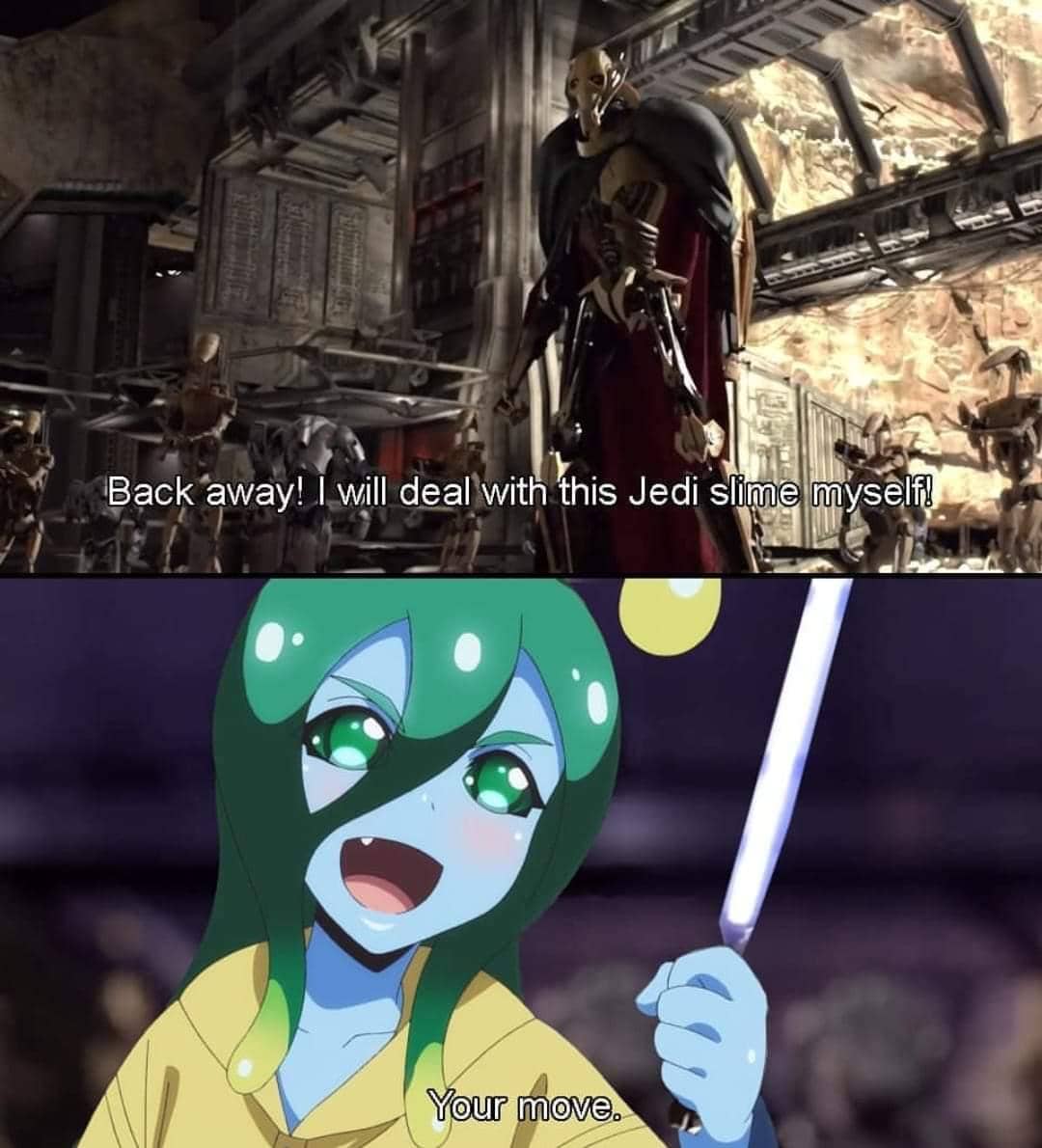 Kolase meme yang menggabungkan adegan film fiksi ilmiah dengan karakter anime berwujud slime hijau yang memegang tongkat bercahaya.
