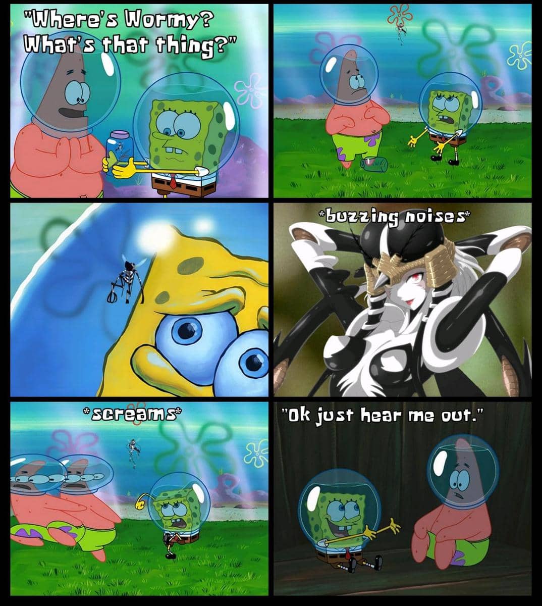 Meme gabungan SpongeBob SquarePants dan karakter anime bergaya monster, menampilkan SpongeBob dan Patrick bereaksi lucu terhadap makhluk aneh.