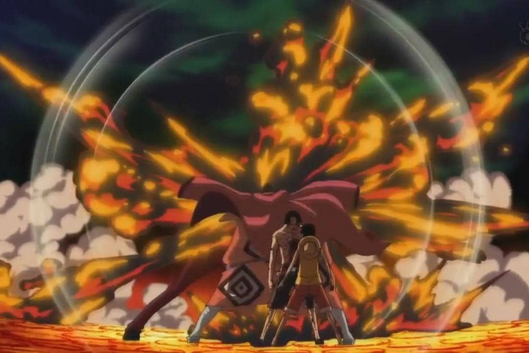 Jinbe melindungi Luffy dari serangan Akainu.