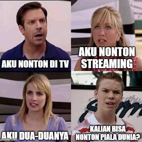 Empat orang dengan ekspresi terkejut dan bingung dalam meme tentang kesulitan menonton Piala Dunia di Indonesia.