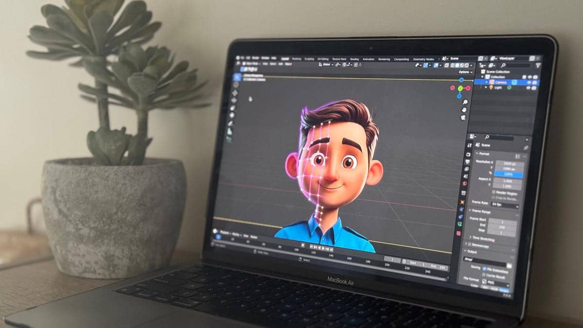 Layar laptop menampilkan proses pembuatan karakter animasi 3D dengan perangkat lunak desain di samping pot tanaman hias.