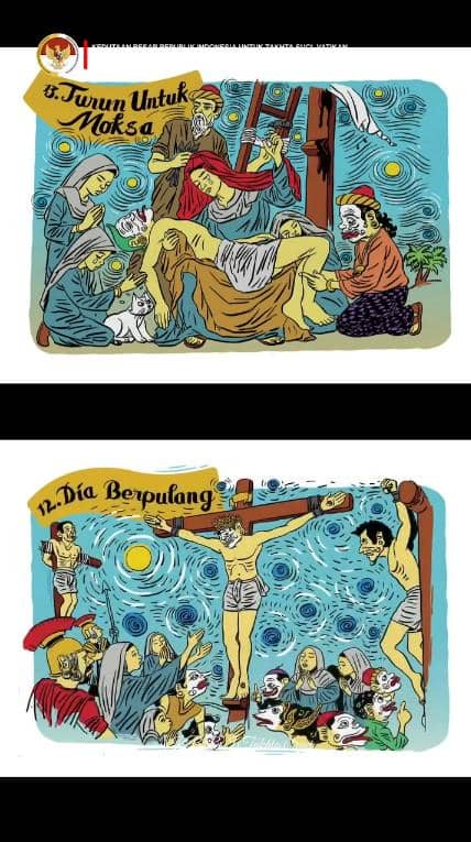 Dua ilustrasi berwarna karya Butet Kertaredjasa menggambarkan adegan Jalan Salib dengan gaya seni khas dan tulisan berbahasa Indonesia.