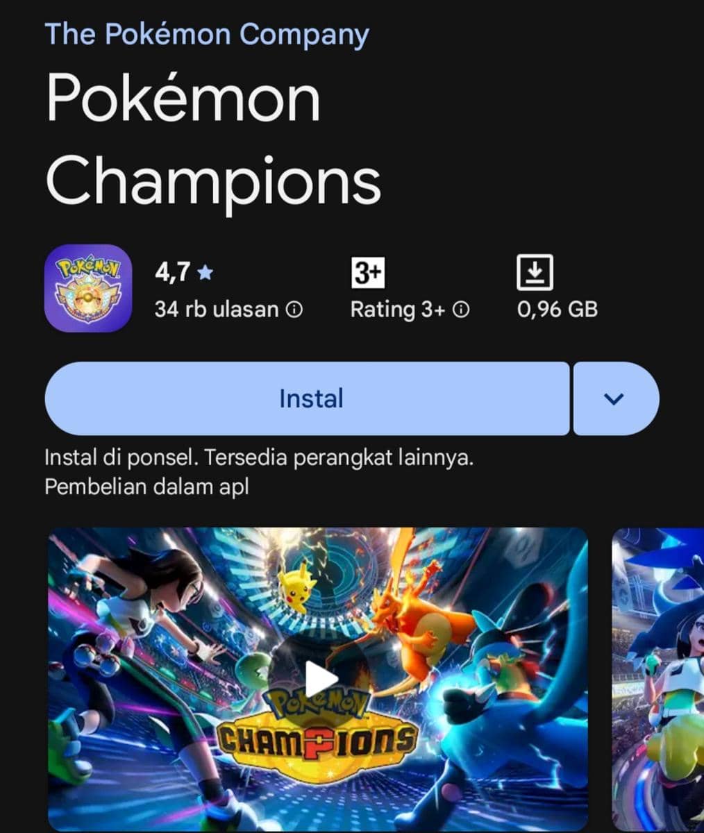 Tampilan halaman unduhan gim Pokémon Champions di Google Play Store dengan rating tinggi dan cuplikan visual pertarungan Pokémon.